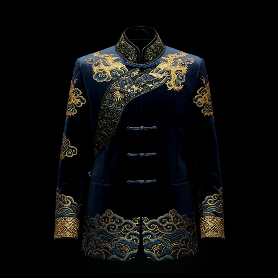 Navy & Golden Imperial Phoenix Velvet Embroidered Jacket