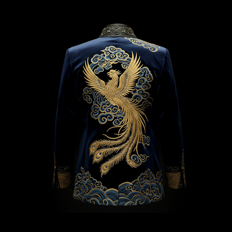 Navy & Golden Imperial Phoenix Velvet Embroidered Jacket