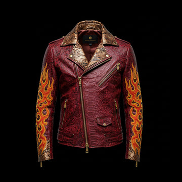 Red Python Embroidered Leather Biker Jacket