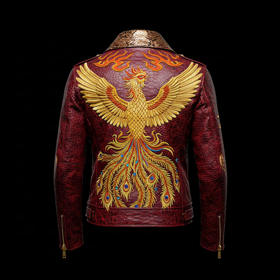 Red Python Embroidered Leather Biker Jacket