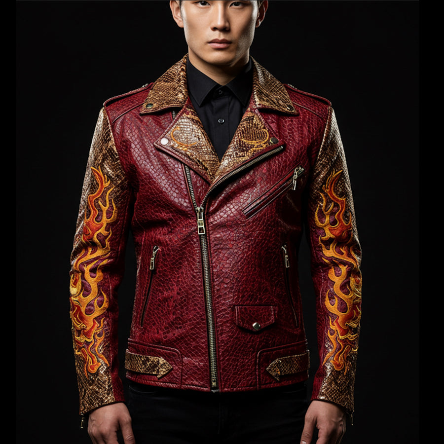 Red Python Embroidered Leather Biker Jacket