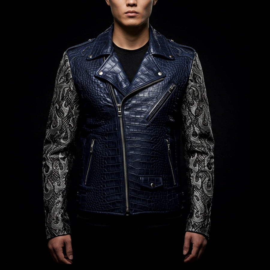 Navy Blue & Silver Crocodile Biker Jacket