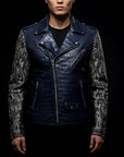 Navy Blue & Silver Crocodile Biker Jacket By Enantiodromia