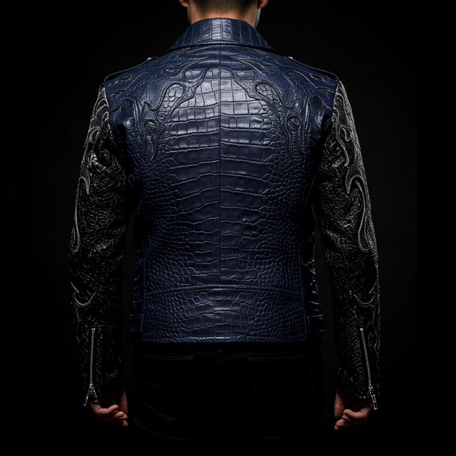 Navy Blue & Silver Crocodile Biker Jacket