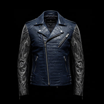 Navy Blue & Silver Crocodile Biker Jacket