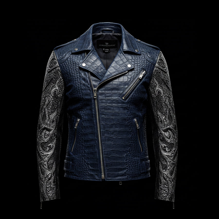 Navy Blue & Silver Crocodile Biker Jacket