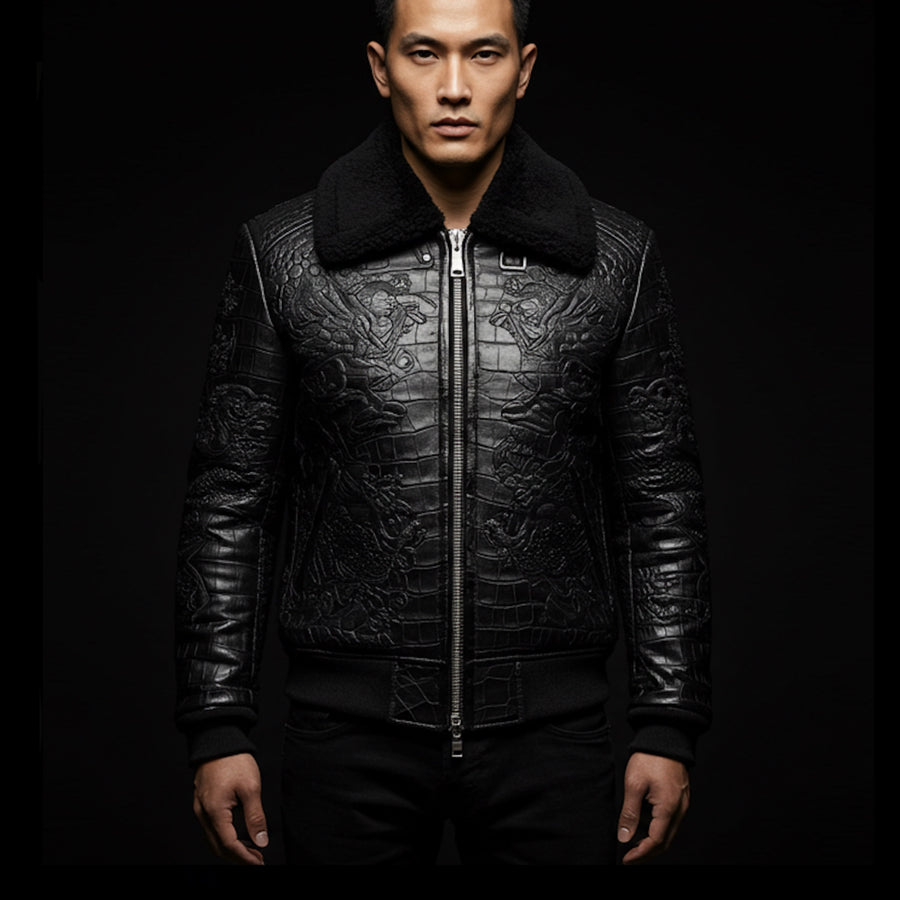 Black Crocodile Leather Obsidian Dragon Shearling Bomber