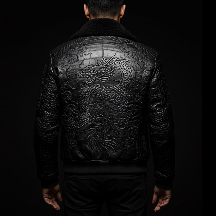 Black Crocodile Leather Obsidian Dragon Shearling Bomber