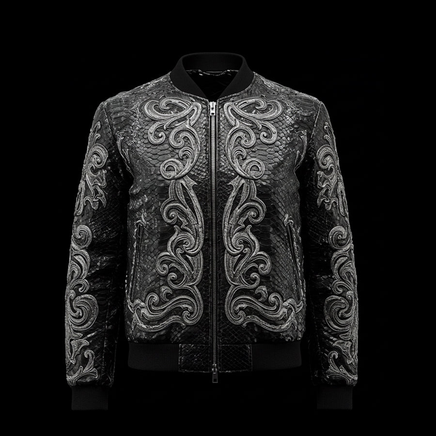 Black Snakeskin Baroque-Embroidered Bomber Jacket