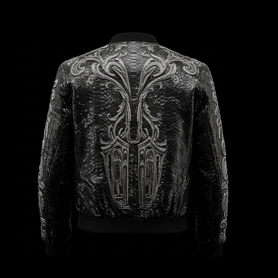 Black Snakeskin Baroque-Embroidered Bomber Jacket