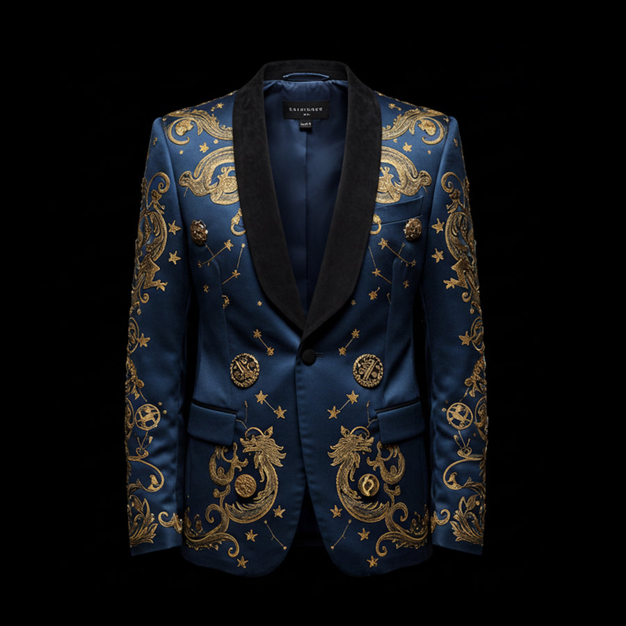 Blue and Gold Baroque Satin Blazer