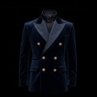Navy Blue Velvet Embroidered Double-Breasted Blazer By Enantidromia