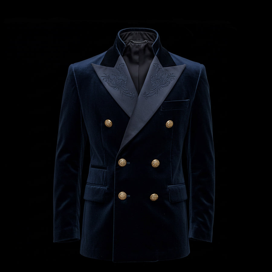 Navy Blue Velvet Embroidered Double-Breasted Blazer