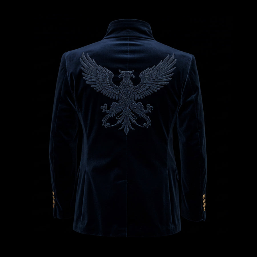 Navy Blue Velvet Embroidered Double-Breasted Blazer
