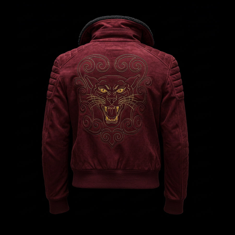 Burgundy Suede Embroidered Panther Bomber Jacket