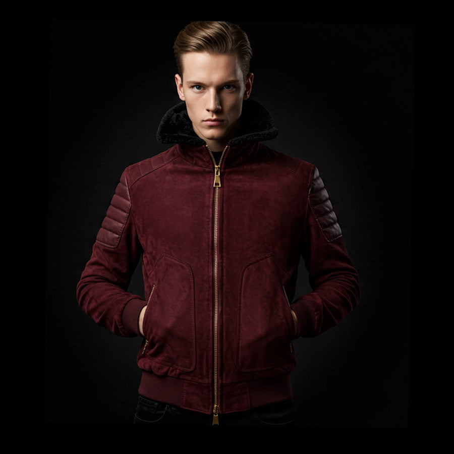 Burgundy Suede Embroidered Panther Bomber Jacket