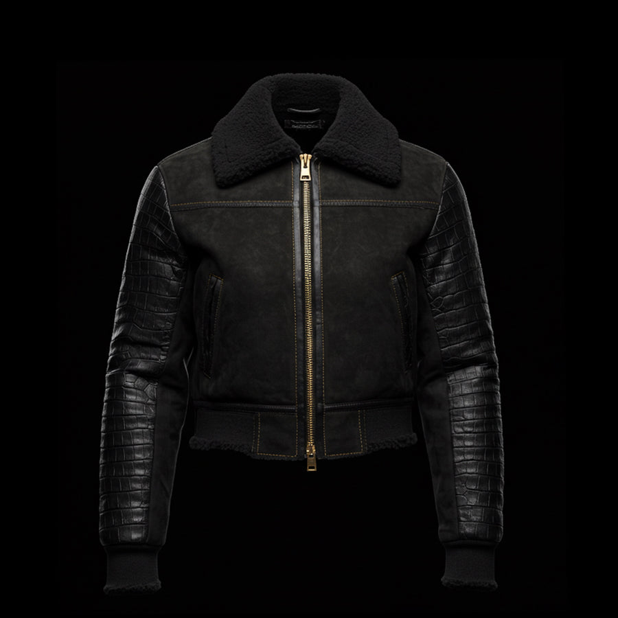 Black Crocodile Shearling Suede Aviator Jacket