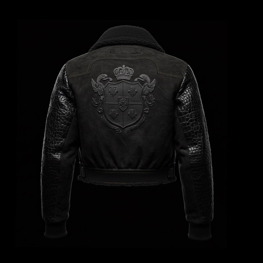 Black Crocodile Shearling Suede Aviator Jacket