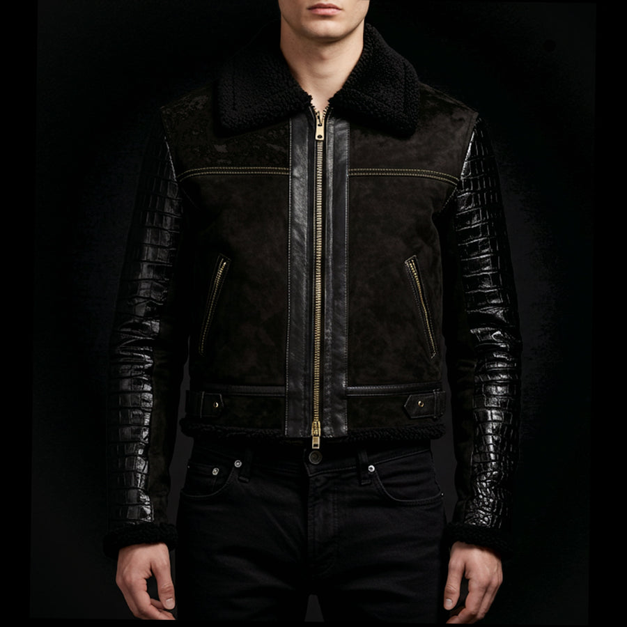Black Crocodile Shearling Suede Aviator Jacket
