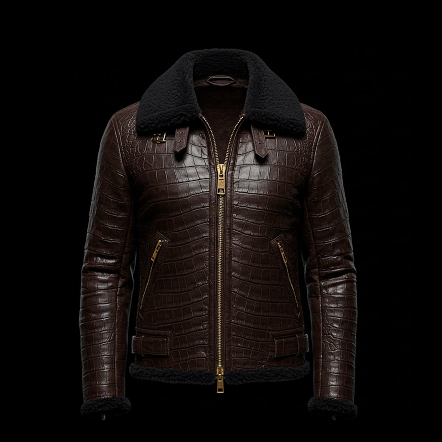 Brown Crocodile and Shearling Flight Jacket