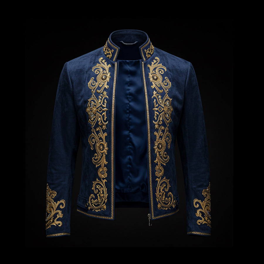 Dark Blue Regal Crest Embroidery Suede Jacket