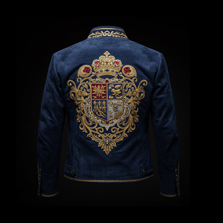 Dark Blue Regal Crest Embroidery Suede Jacket