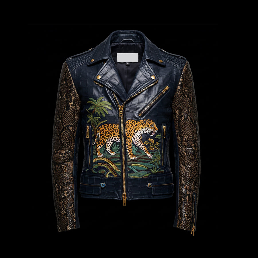 Dark Blue & Brown Crocodile Python Biker Jacket