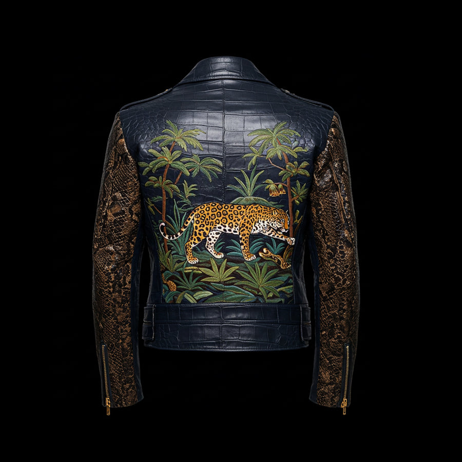 Dark Blue & Brown Crocodile Python Biker Jacket