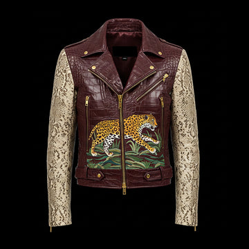 Dark Red & Beige Crocodile Python Biker Jacket