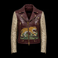 Dark Red & Beige Crocodile Python Biker Jacket By Enantiodromia