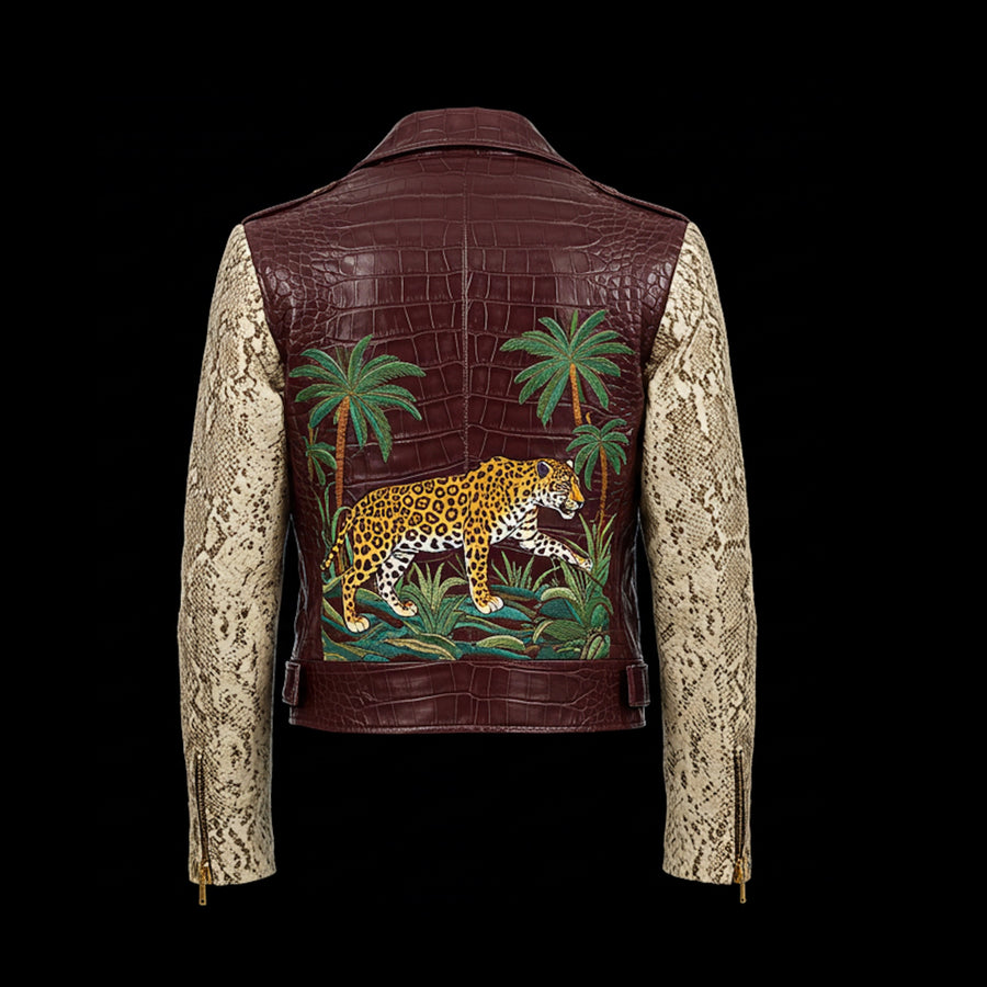 Dark Red & Beige Crocodile Python Biker Jacket