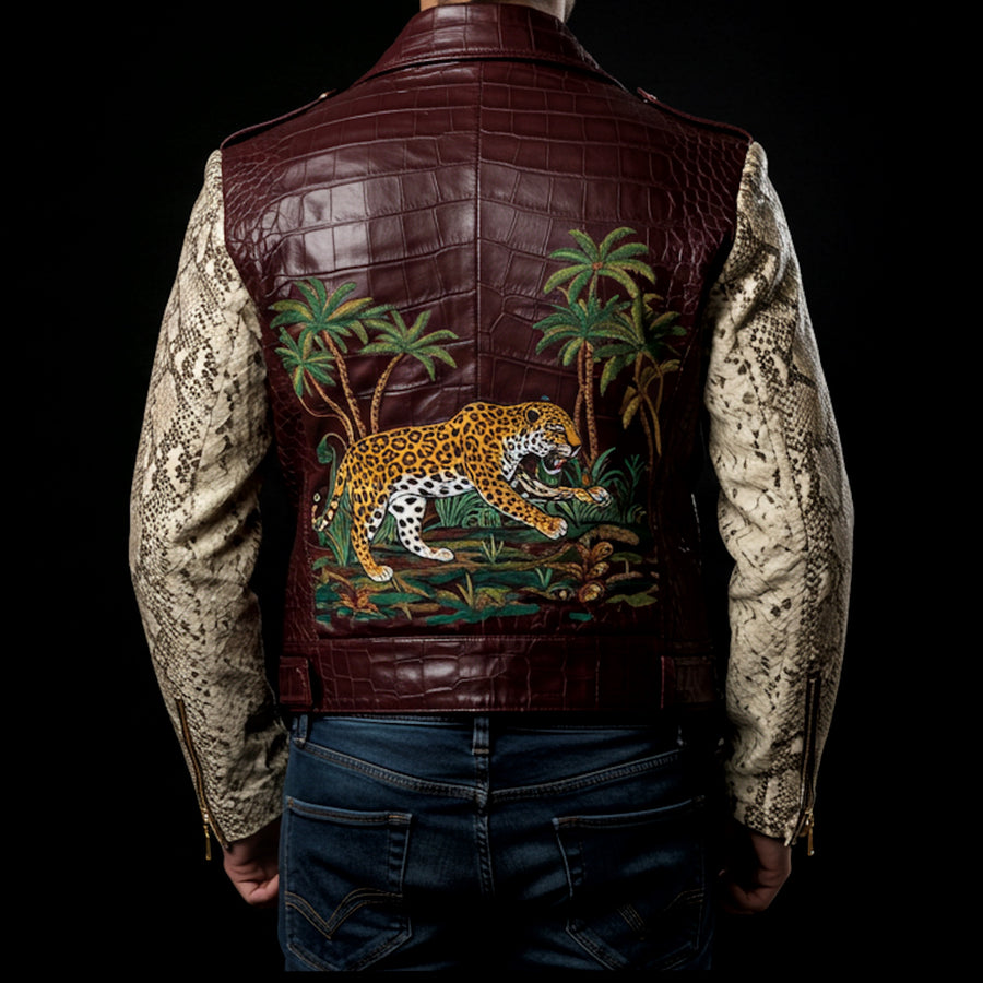 Dark Red & Beige Crocodile Python Biker Jacket