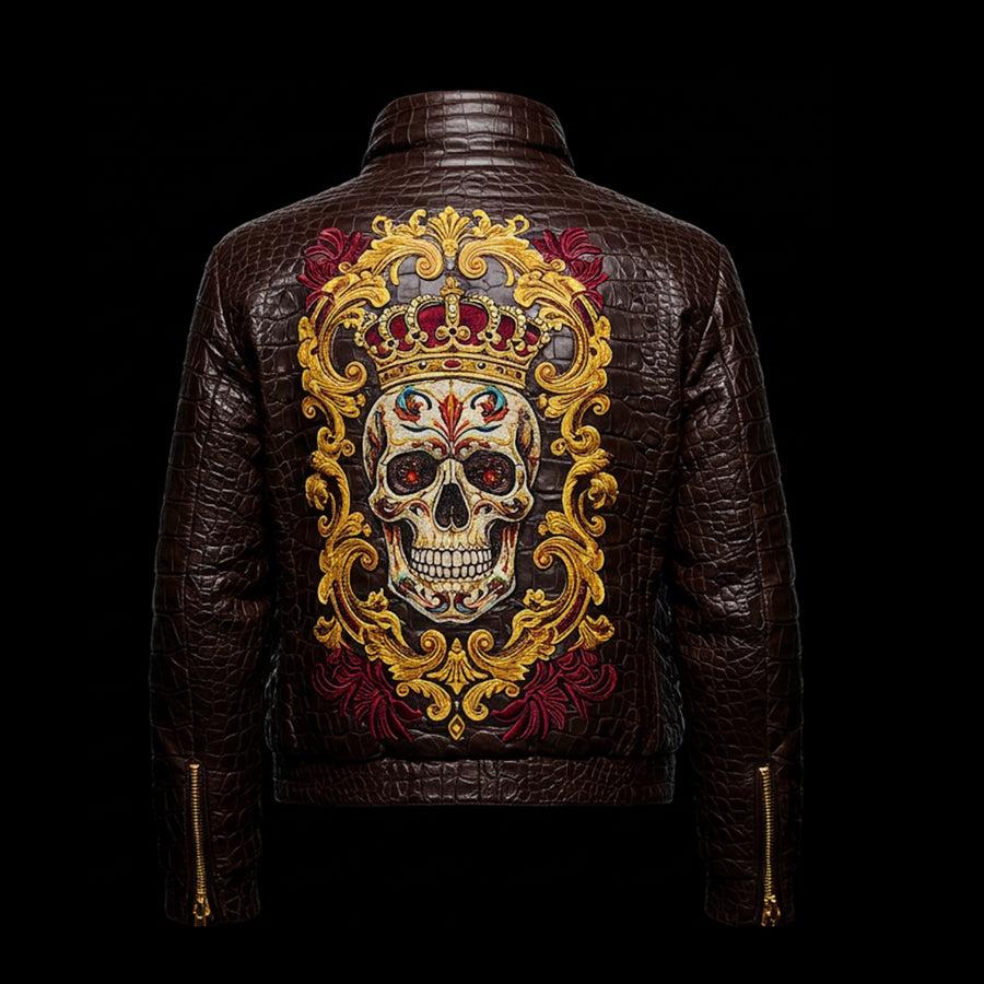 Brown Crocodile-Embossed Leather Skull Embroidered Bomber Jacket