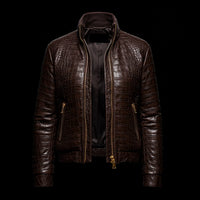 Brown Crocodile-Embossed Leather Skull Embroidered Bomber Jacket By Enantiodromia