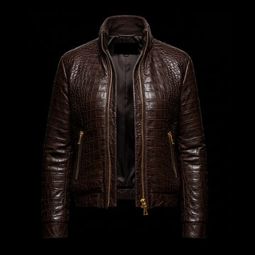 Brown Crocodile-Embossed Leather Skull Embroidered Bomber Jacket