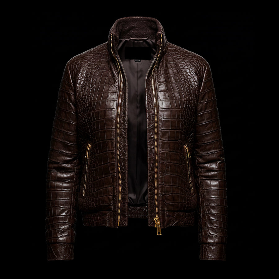 Brown Crocodile-Embossed Leather Skull Embroidered Bomber Jacket