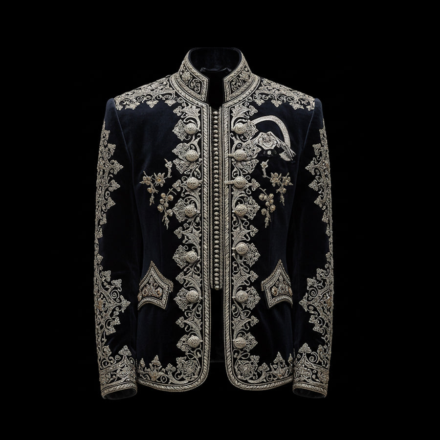 Navy & Silver Midnight Majesty Velvet Embroidery Jacket