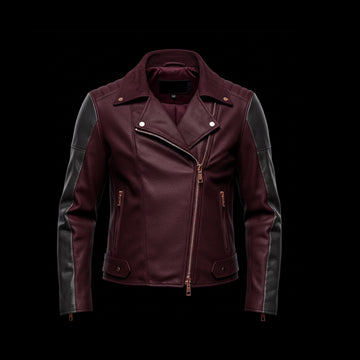 Burgundy and Gray Leather Biker Jacket