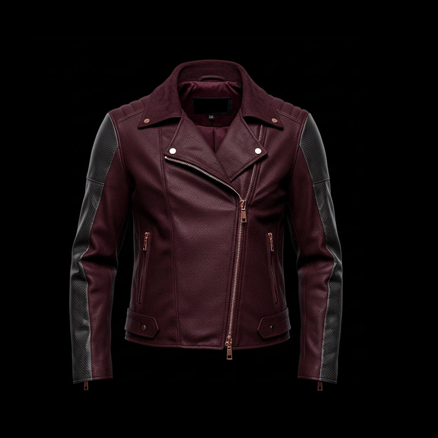 Burgundy and Gray Leather Biker Jacket