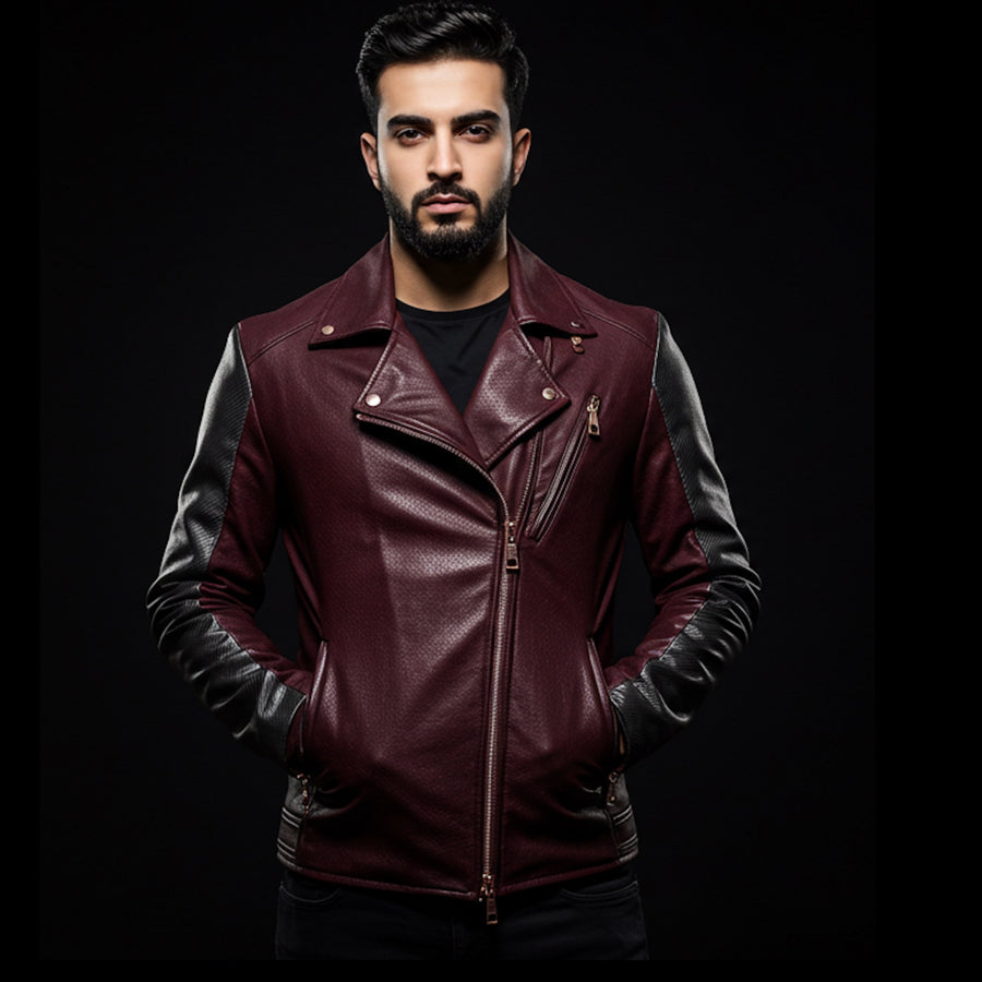 Burgundy and Gray Leather Biker Jacket