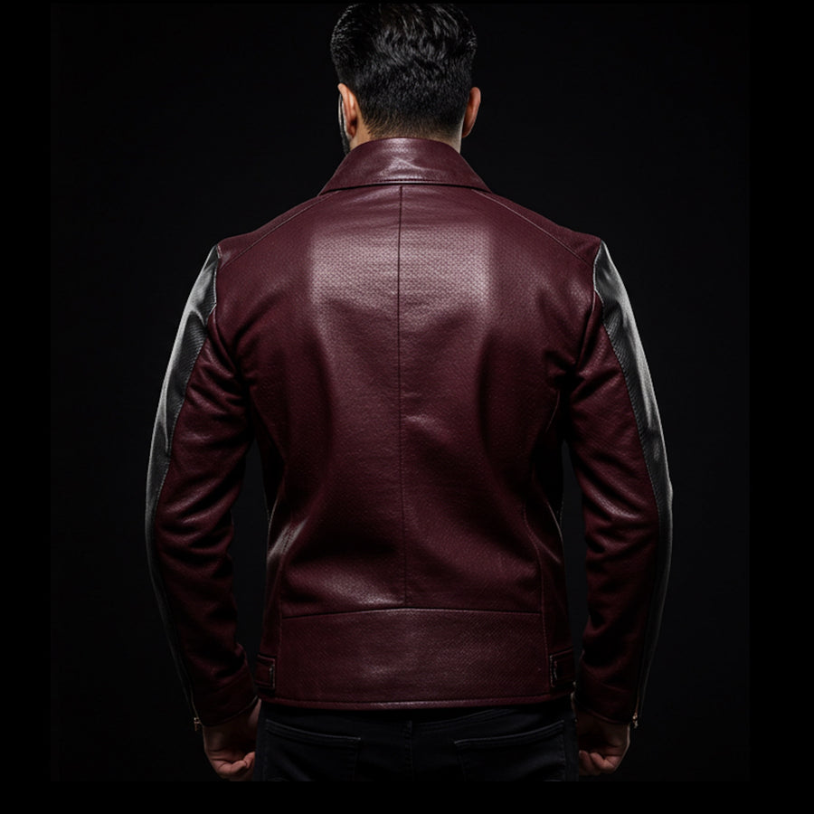 Burgundy and Gray Leather Biker Jacket