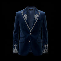 Dark Blue Regal Crest Embroidery Suede Jacket By Enantiodromia