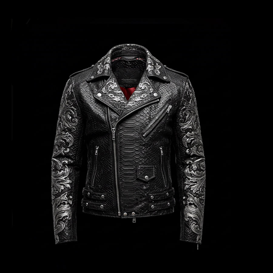Black Python Leather Skull Embossed Biker Jacket