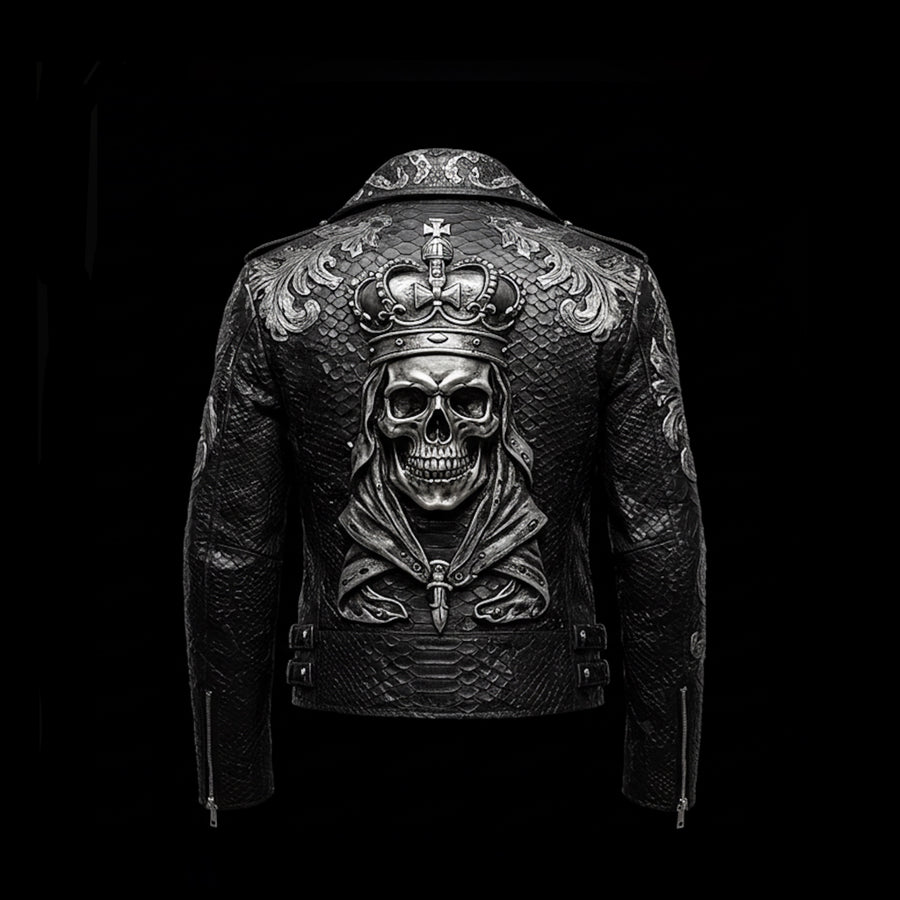 Black Python Leather Skull Embossed Biker Jacket