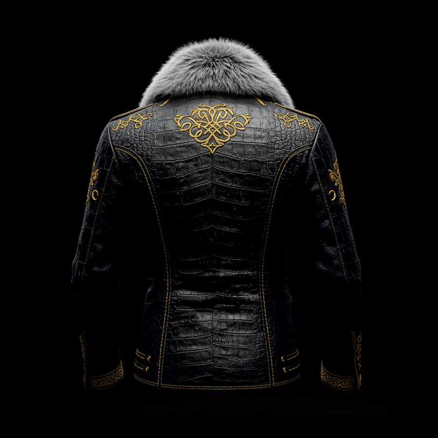 Black Crocodile leather Embroidery Jacket