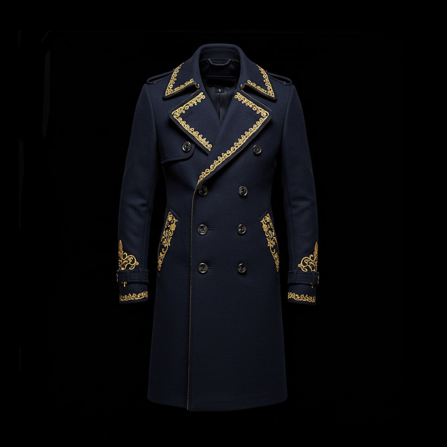 Midnight Blue Embroidered Wool-Cashmere Peacoat