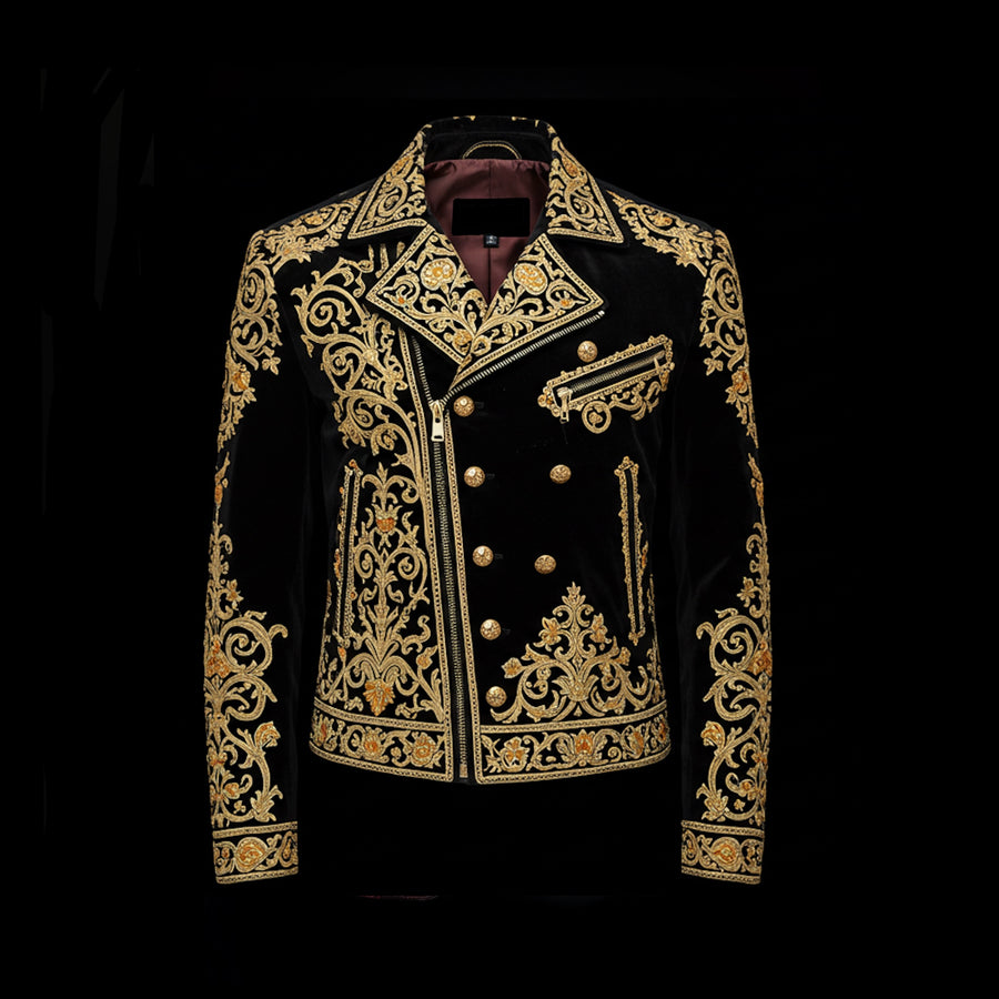 Black and Gold Embroidered Baroque Biker Jacket