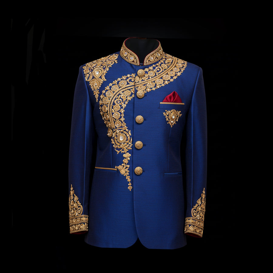 Royal Blue Velvet Embroidered Bandhgala Jacket
