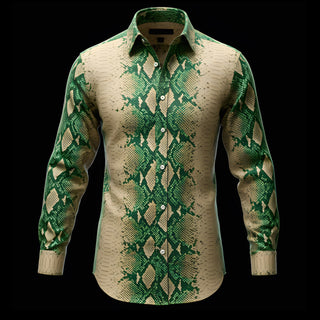 Green & Beige Silk Snake Dress Shirt By Enantiodromia
