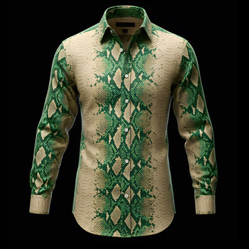 Green & Beige Silk Snake Dress Shirt